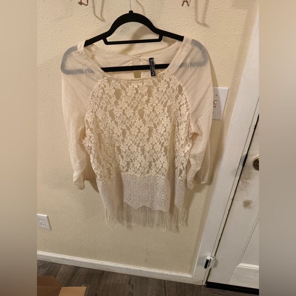 Free People White Lace Long Sleeve Sheer Blouse